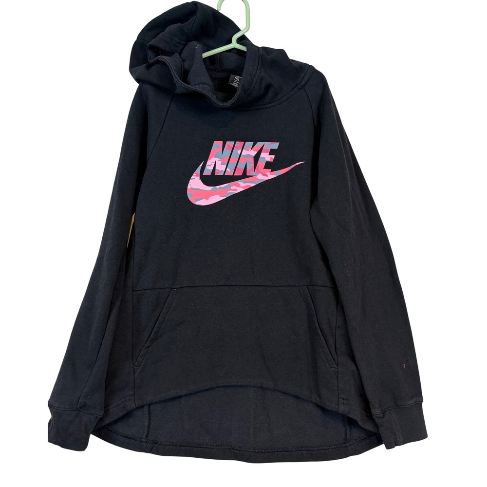Nike Girl Black Camo Logo Pullover Hoodie High Low Hem Sweatshirt •M• Athleisure